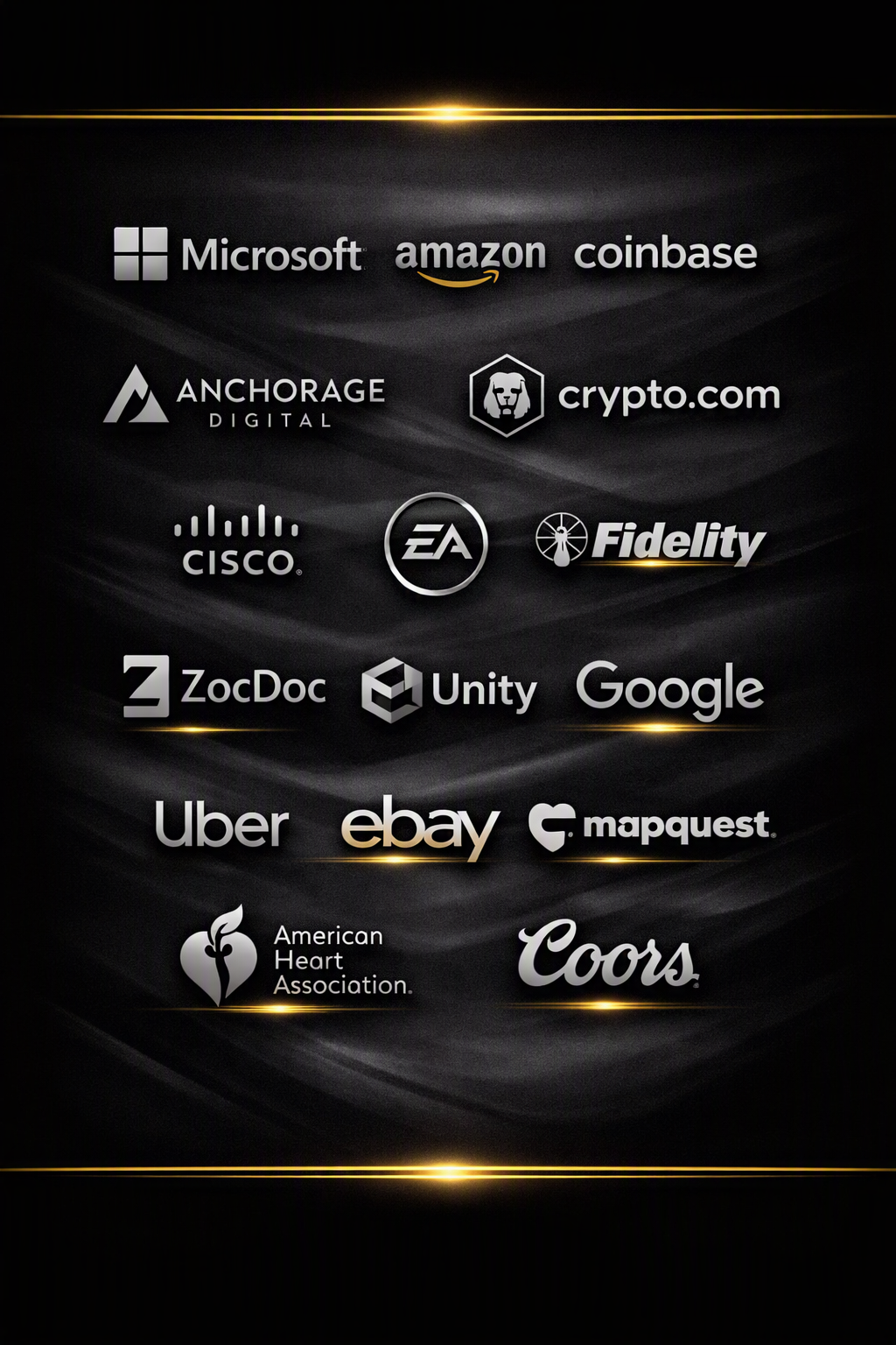Client logos including Microsoft, Amazon, Google, Cisco, Uber, eBay, Fidelity, EA, Coinbase, Anchorage Digital, crypto.com, ZocDoc, Unity, Mapquest, American Heart Association, and Coors