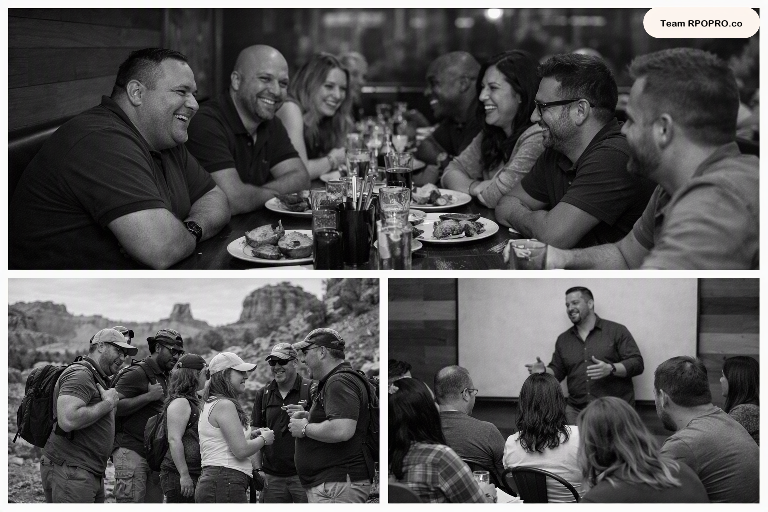 Team RPOPRO — team members sharing a meal, hiking together, and presenting at a workshop